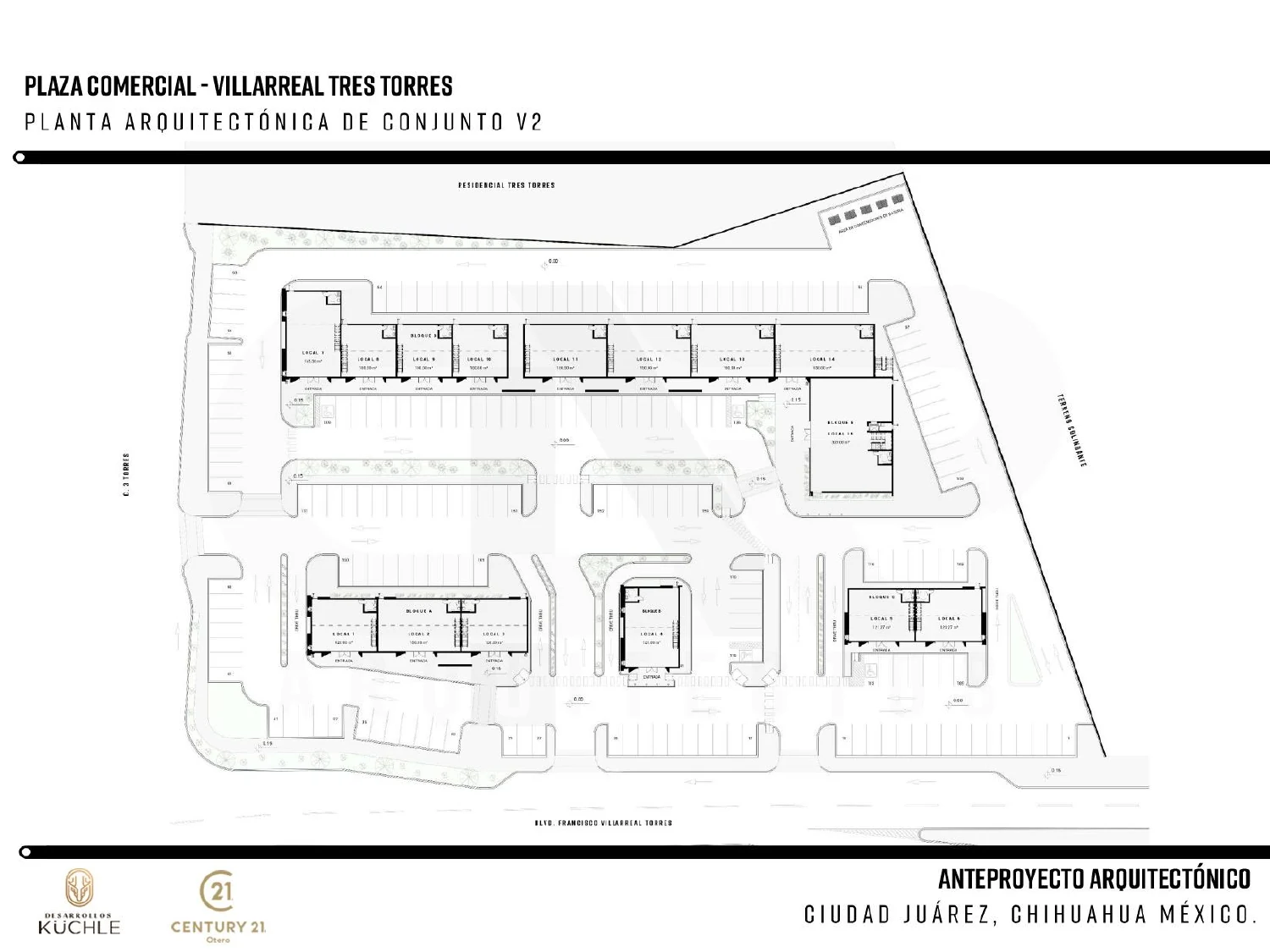 Plano maestro del anteproyecto: locales, circulación y estacionamiento sobre el Blvd. Francisco Villarreal Torres