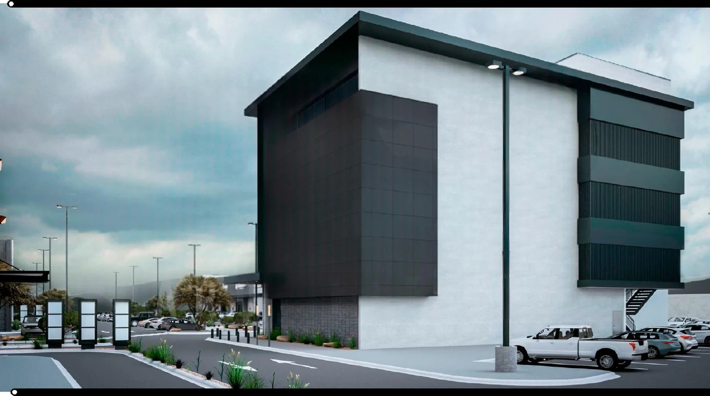 Fachada posterior del volumen — anteproyecto (render de referencia)