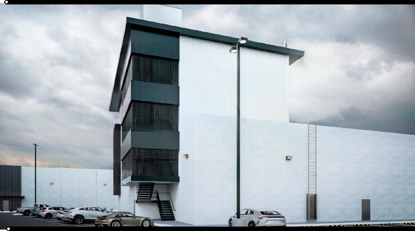Vista lateral del edificio — anteproyecto (render de referencia)